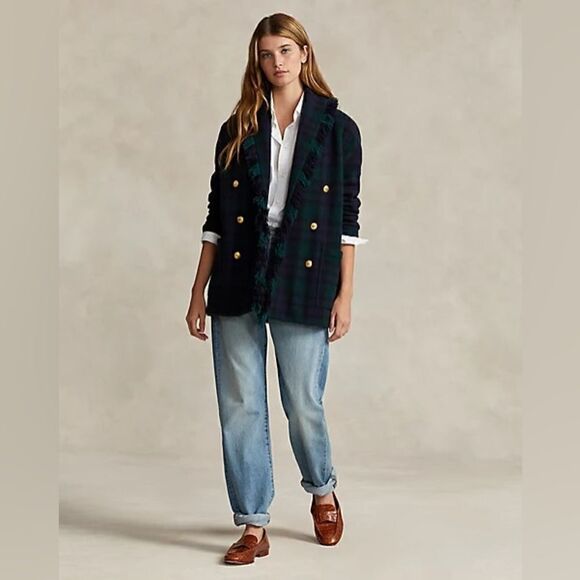 Polo Ralph Lauren Fringed Black Watch Tartan Plaid Double-Breasted Wool Cardigan - Picture 7 of 16